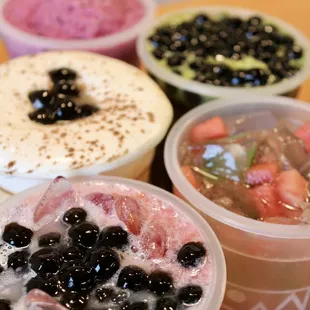 Marbled Strawberry (Boba), Brown Sugar Fresh Milk ( Boba, cheese cream), Very berry Lojito, Double Green (MP , Boba), Dragon fruit Green Tea