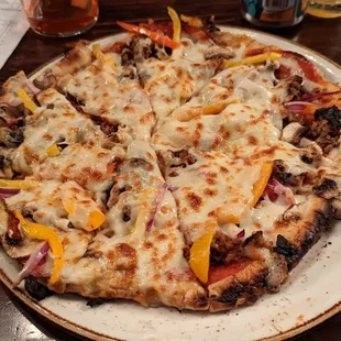 Supreme $15 lots toppings, too cheesey over flavorless sauce, soggy crust better use w knife/ fork even w/2nd time in oven :(  10-2022