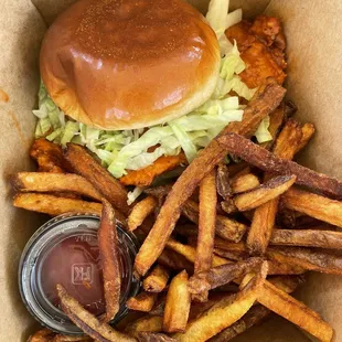 a hamburger and fries