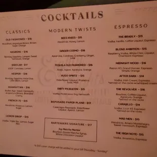 Cocktail menu