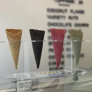 waffle cones: (L to R)
 classic, cocoa, red velvet, matcha green tea