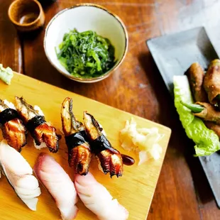 Unagi, mackerel, hamachi nigiri, beef wrapped okra, seaweed salad