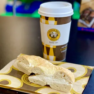 Warm Asiago Bagel with Plain Cream Cheese &amp; Coffee