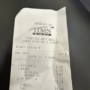 the receipt for the restaurant