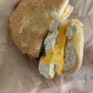Egg and cheese on Asiago bagel