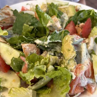 Chicken avocado salad (it was plated pretty but my daughter mixed it)