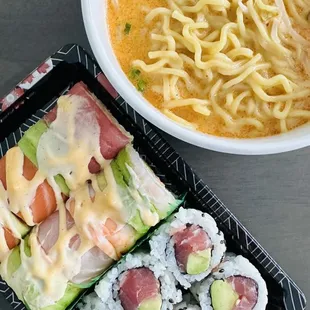 Curry ramen, rainbow roll, and tuna-avocado roll