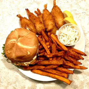 6 piece Prawns, coleslaw, Grilled Salmon Burger, &amp; Sweet Potato Fries