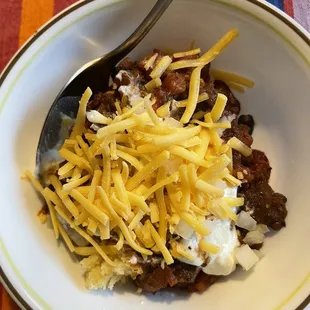 Chili, cornbread, and onions (cheese was added)