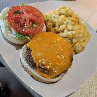 Vegan burger with a side of mac-n-cheese.