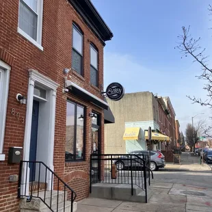 the entrance to a brick building