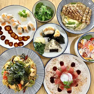 a variety of asian food on plates