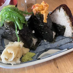 Lunch special. Wakame Sesame Rice Ball, Spicy Octopus Rice Ball, and Salmon Teriyaki Rice Ball