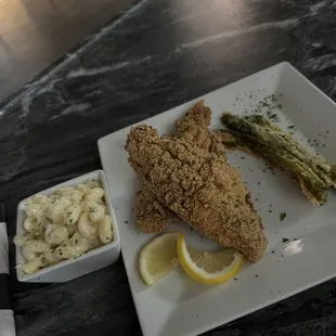Fried catfish, truffle Mac n cheese and Parmesan asparagus was so good!!