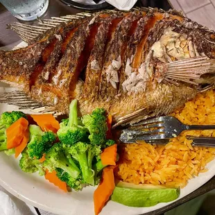 Mojarra Frita (substitute White rice for Mexican Rice and Fries with Green) so Delicious. Bigger than my plate!