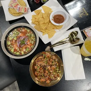 Campechana Shrimp  Cocktail Fresh Chips and Salsa Pineapple Jarritos Hot sauce selections Gold plated reusable tableware