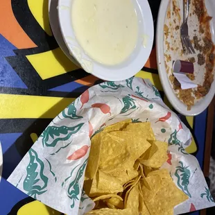 a plate of chips and a bowl of dip