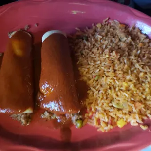 2 beef enchiladas with rice