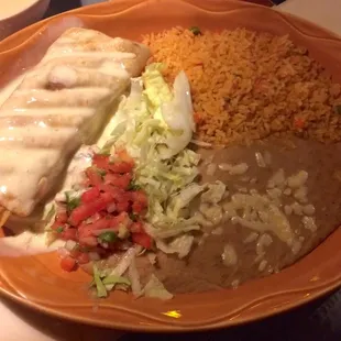 Chicken Chimichanga with rice and beans