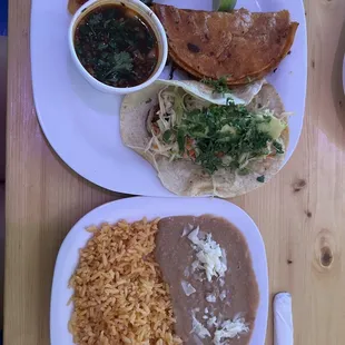 Birria taco, Shrimp taco, and beans + rice