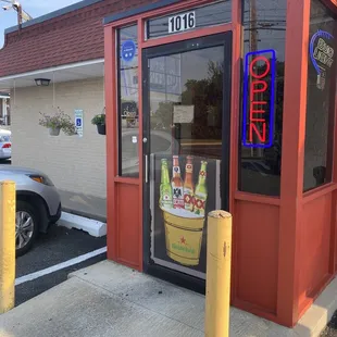 the entrance to a restaurant