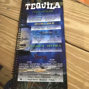menu for tequila