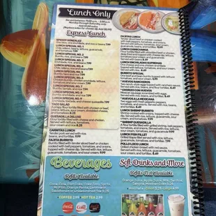 Lunch menu and non-alcoholic beverages