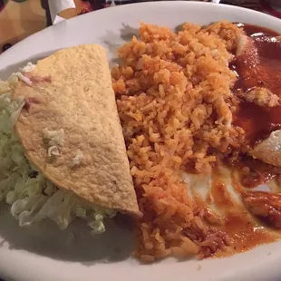 Bean taco, rice, and cheese enchilada from the lunch menu.