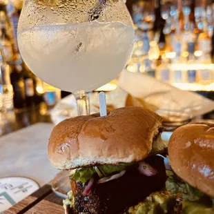 House margarita and pork belly sliders.