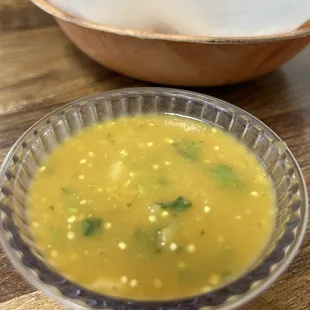 Habanero salsa with chips. Too spicy for me but perfect for my guest.