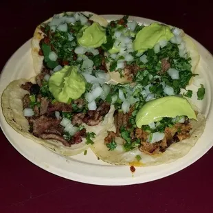 Carne asada, chorizo, birria, al pastor tacos