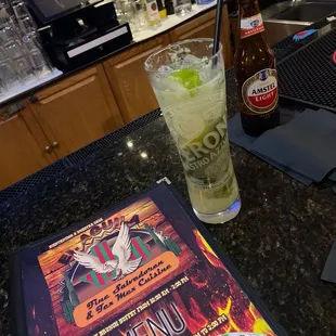 A mojito, an Amstel Light and the menu