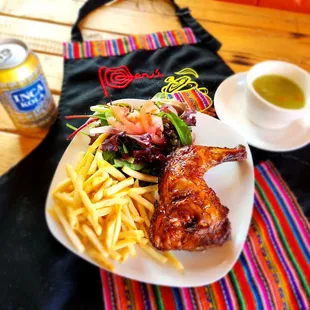 Pollo a la brass with soup aguadito de pollo