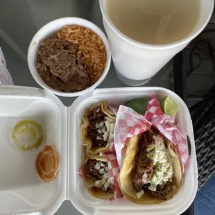 Birria tacos, rice/beans, horchata