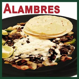 Alambres - Asada (grilled steak), Chorizo sausage, Tocino (bacon), green pepper, onion &amp; melted cheese. Served with corn tortillas.