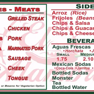 El Alambre in store menu - Sides, drinks &amp; Carnes (meats)