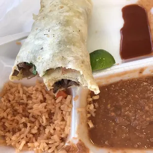 a burrito, rice and salsa