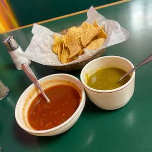 This salsa is delish, especially the spicy red one.