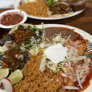 2 Tacos and 1 Enchilada with Rice and Beans