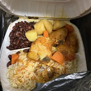 a meal in a styrofoam container