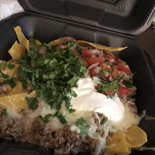 Nachos with Beef - sub lettuce for cilantro - add Pico de Gallo