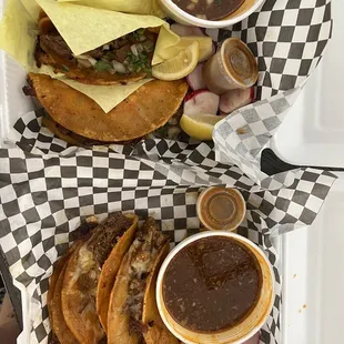 Birria Sampler and Birria Quesataco; both come with consomé.