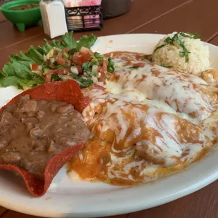 Shrimp Enchiladas w/ Refried Beans and Cilantro Rice