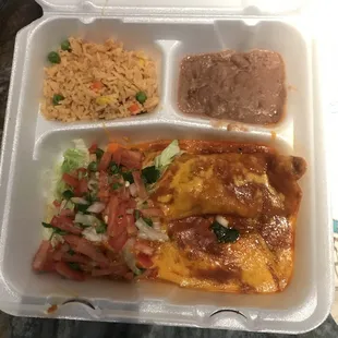 1/4 cup beans; 1/4 cup rice.  Two (2) smallish enchiladas (beef)...not, not NOT worth $12!