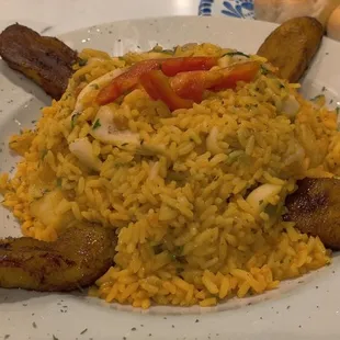 Arroz con Calamari y Camaron with a side of maduros