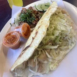 Chicken quesadilla &amp; pastor taco very delicious. Didn't expect the quesadilla to be this massive &amp; filling!