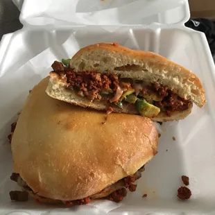 Torta Texana- chorizo queso and fajita