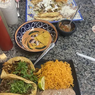 #71. 3 tacos (Al pastor and asada) and #68. Chilaquiles