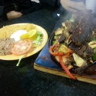 parrillada of shrimp , beef n shrimp w veg.. Great idea in skillet cooking n grilling all meats 2ghther  ... Horchata