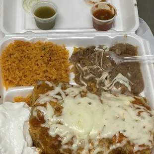 a meal in a styrofoam container